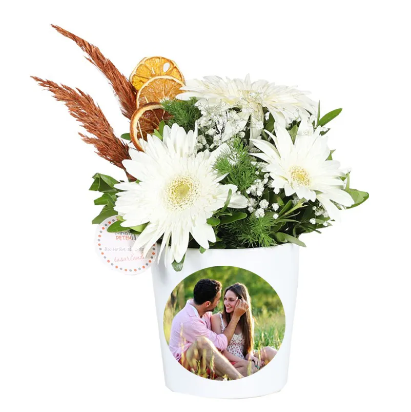 Kişiye Özel Resimli Beyaz Gerbera